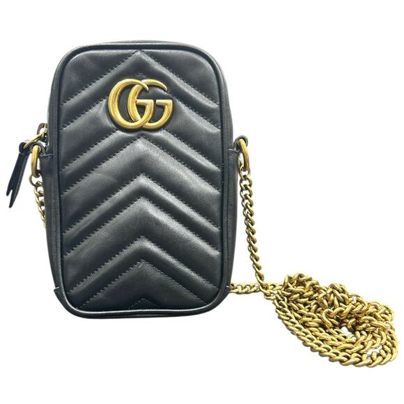 Gucci Marmont Mini Black Quilted Shoulder Bag with Gold Crossbody Chain - Picture 1 of 6